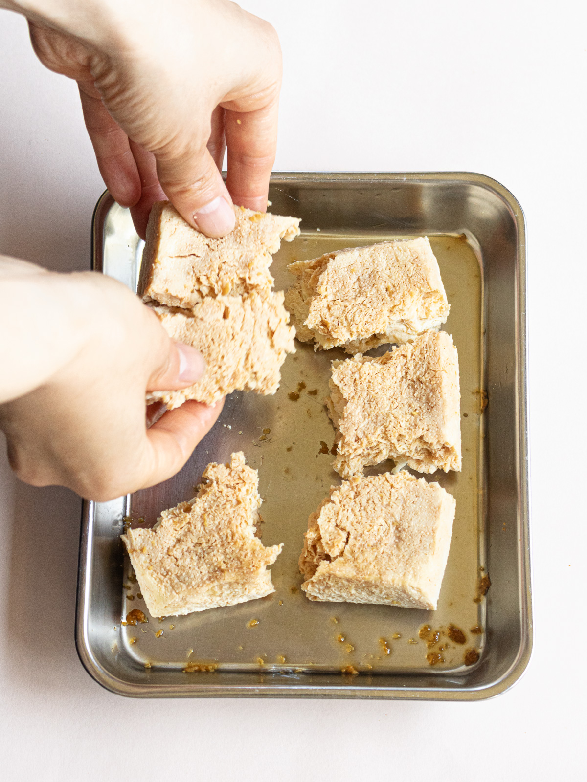 Frozen cotton (momen) tofu torn into 6 equal pieces