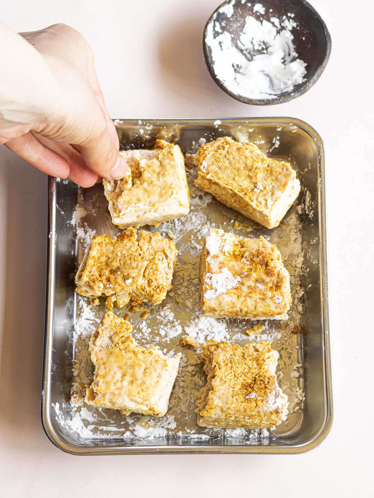 Frozen cotton (momen) tofu coated with potato starch