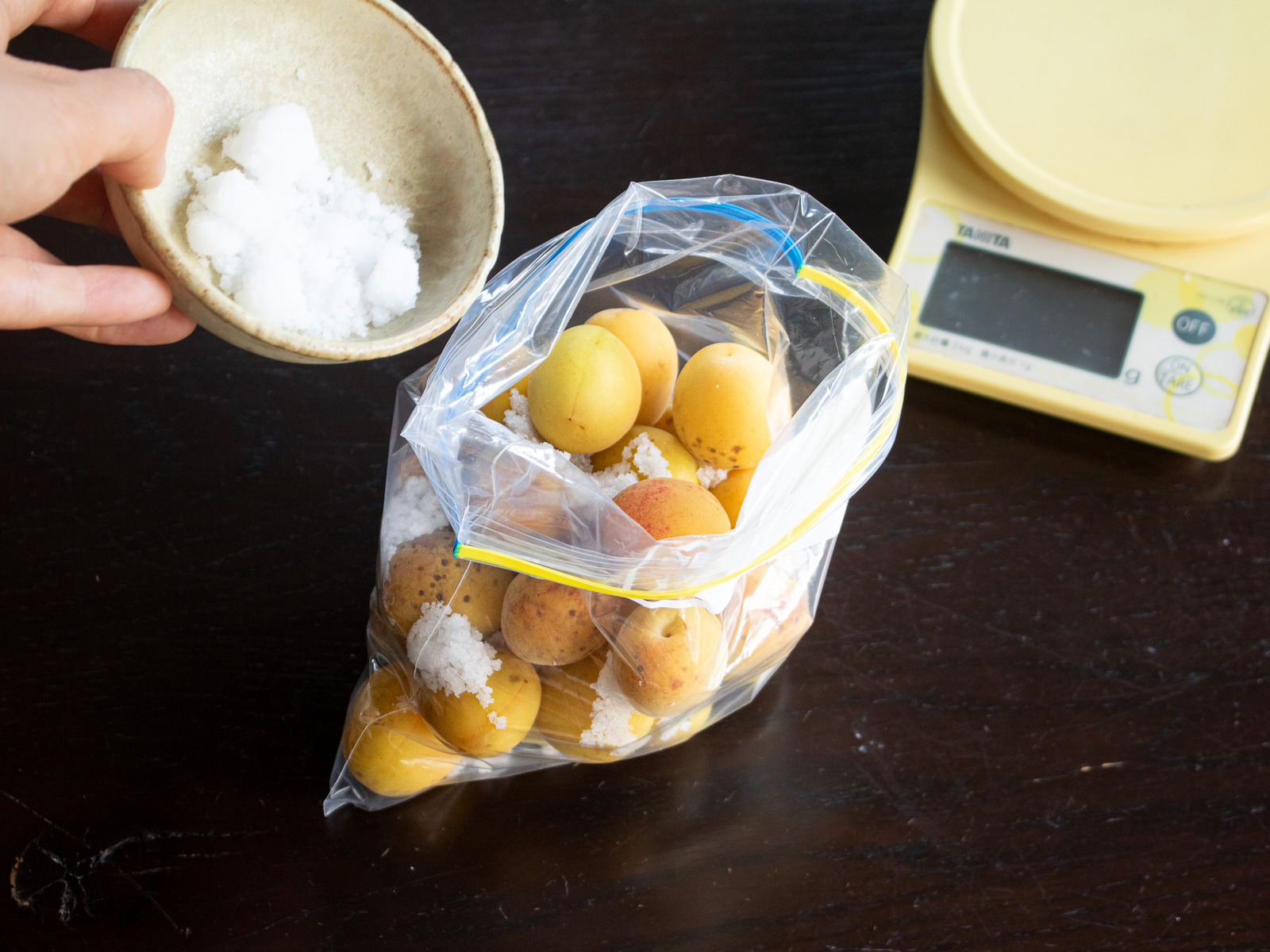 ホワイトリカーと粗塩を加えた保存袋に入れた完熟梅。