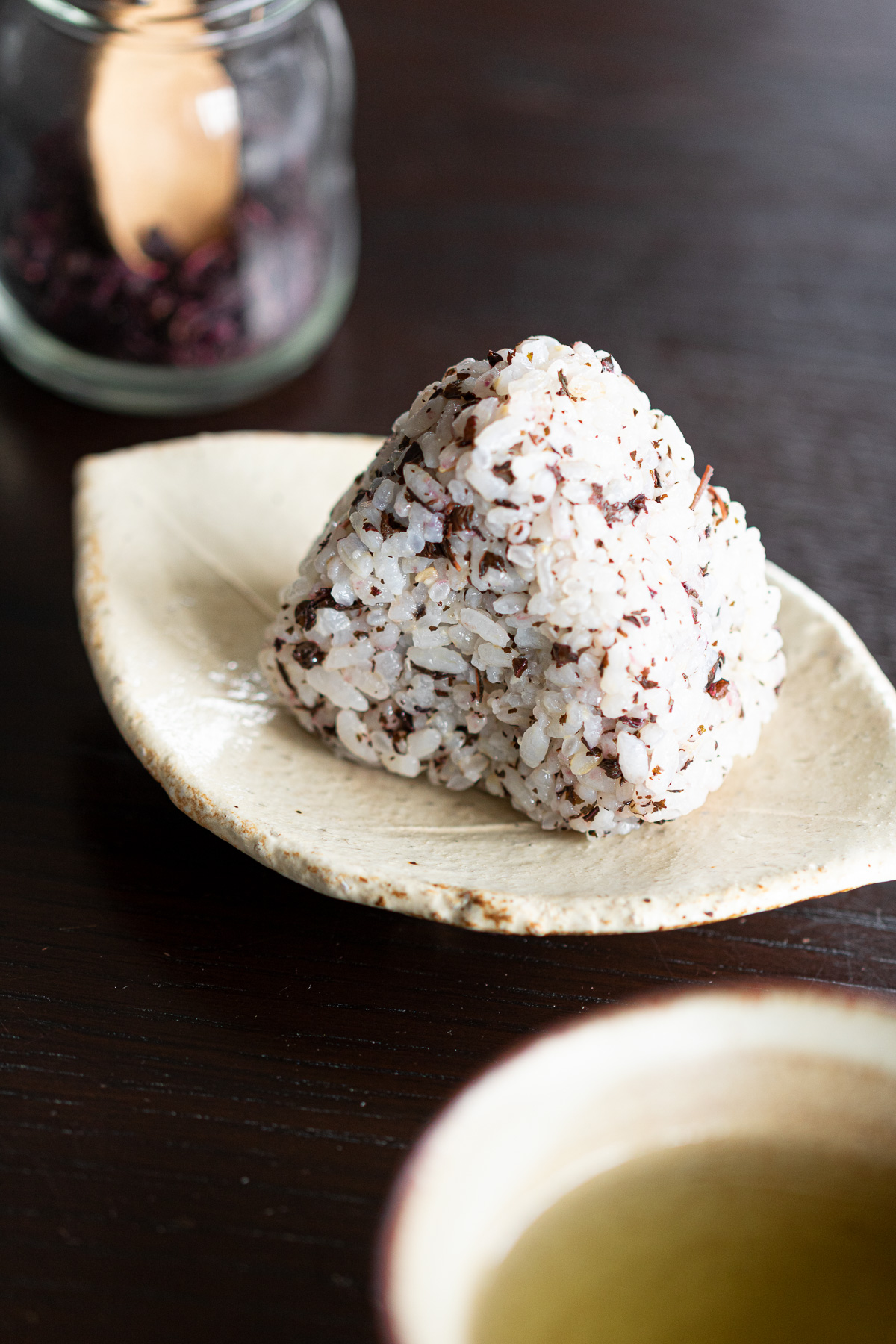 Rice balls mixed with homemade low-sodium yukari furikake, perfect for vegan onigiri.