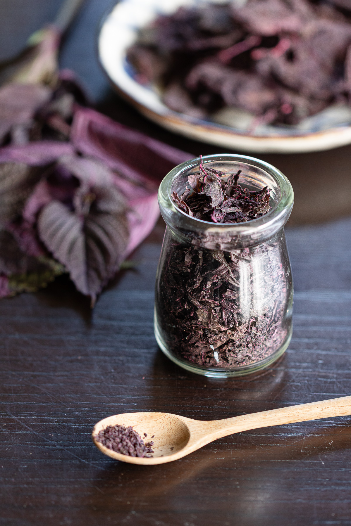 Vibrant deep red homemade low-sodium yukari furikake, perfect vegan Japanese seasoning.