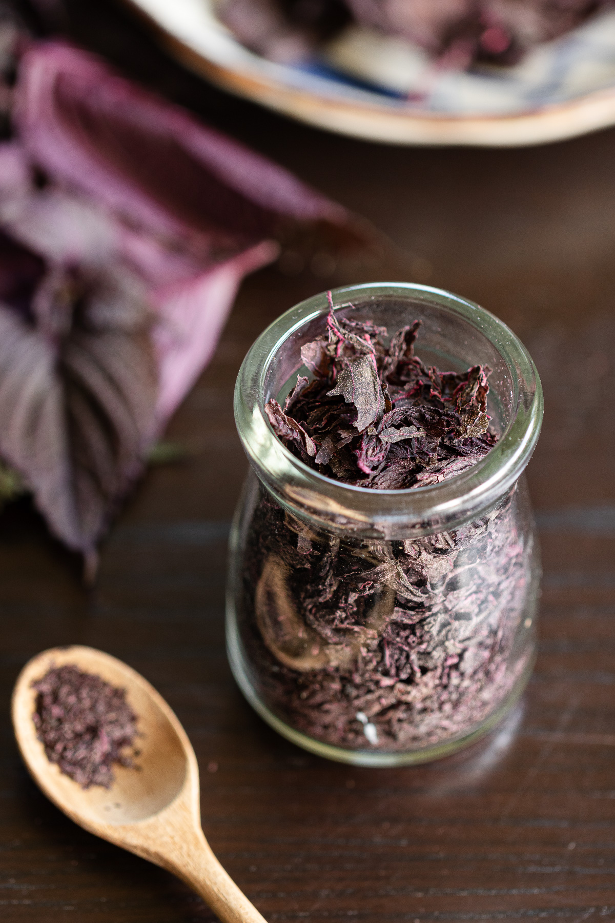 Freshly made homemade red shiso yukari furikake in a jar, ready to sprinkle over rice and seasonal dishes.
