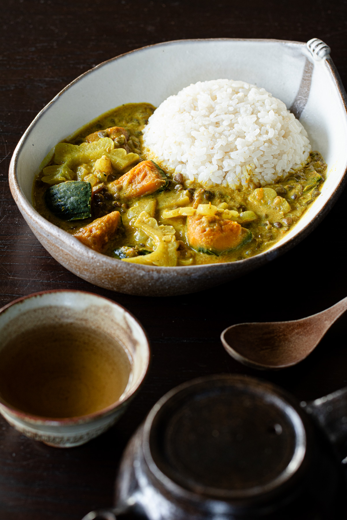 ご飯と一緒にお皿に盛られた。辛味みなしのマイルドヴィーガンカレー、レンズ豆とカボチャのココナッツミルクカレー(ゴーヤー入り)
