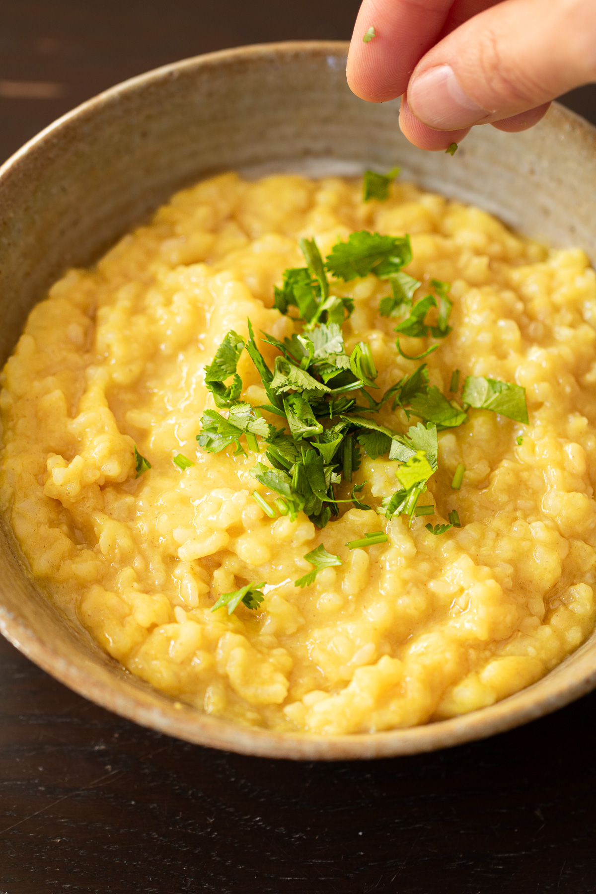 パクチーをプラスして爽やかさを加えたムング豆のヴィーガン粥、キチリ