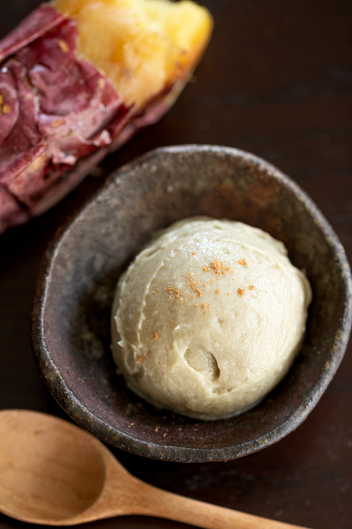 Vegan sweet potato ice cream made with roasted Japanese sweet potatoes and coconut milk on a plate.