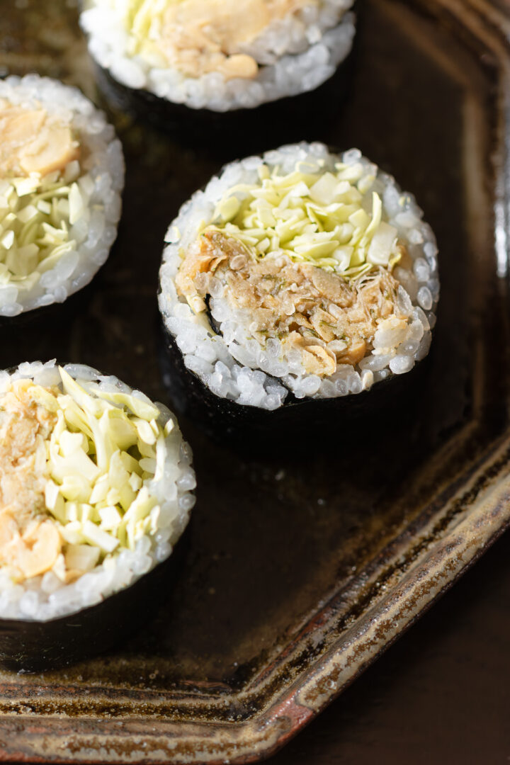 Vegetarian nori sushi roll filled with vegan tuna mayo and cabbage. Also great as ehomaki.