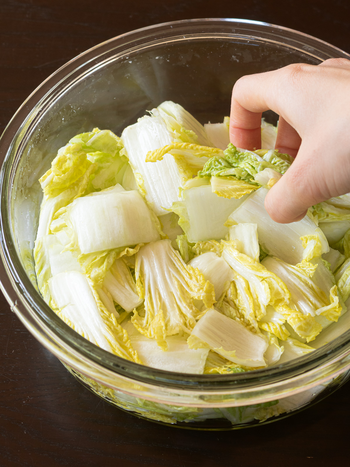 1時間下漬けした白菜の天地を返し再び重石をして白菜を漬ける様子