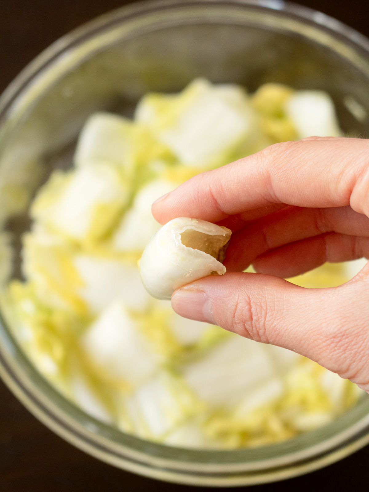 硬そうな白菜の芯を取り、半分に曲げている様子。しんなりとスムーズに曲がっている。これでヴィーガンキムチ用の白菜の下漬けが完了