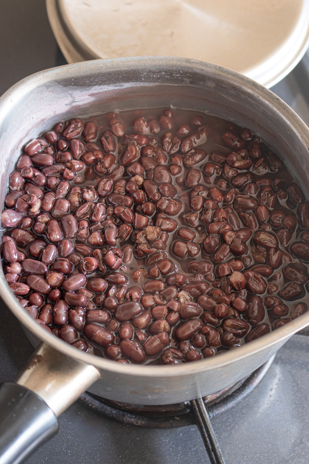 Plump, fully cooked adzuki beans after steaming