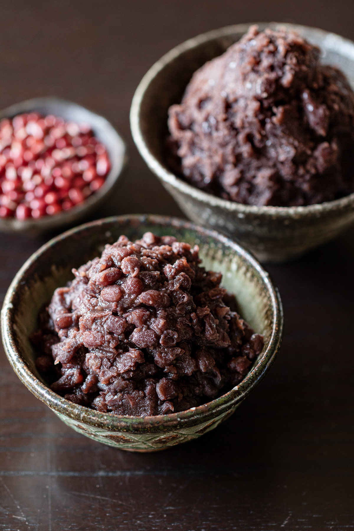 Two styles of homemade adzuki bean paste — smooth-style and chunky tsubu-an