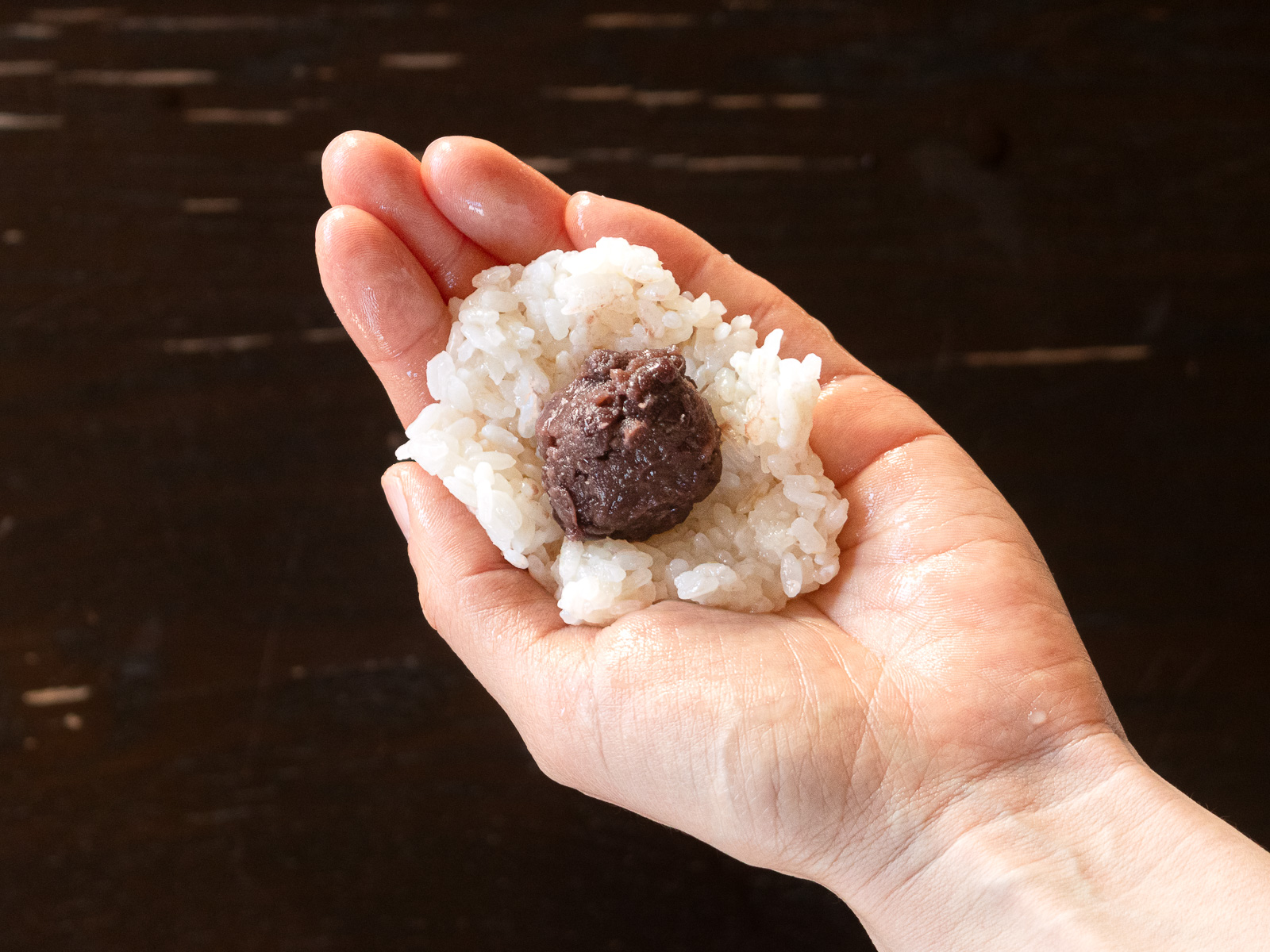 広げたご飯の上にのせたあんこ玉