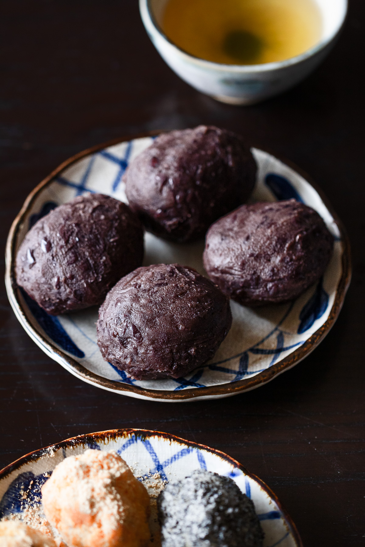 Homemade ohagi served with green tea