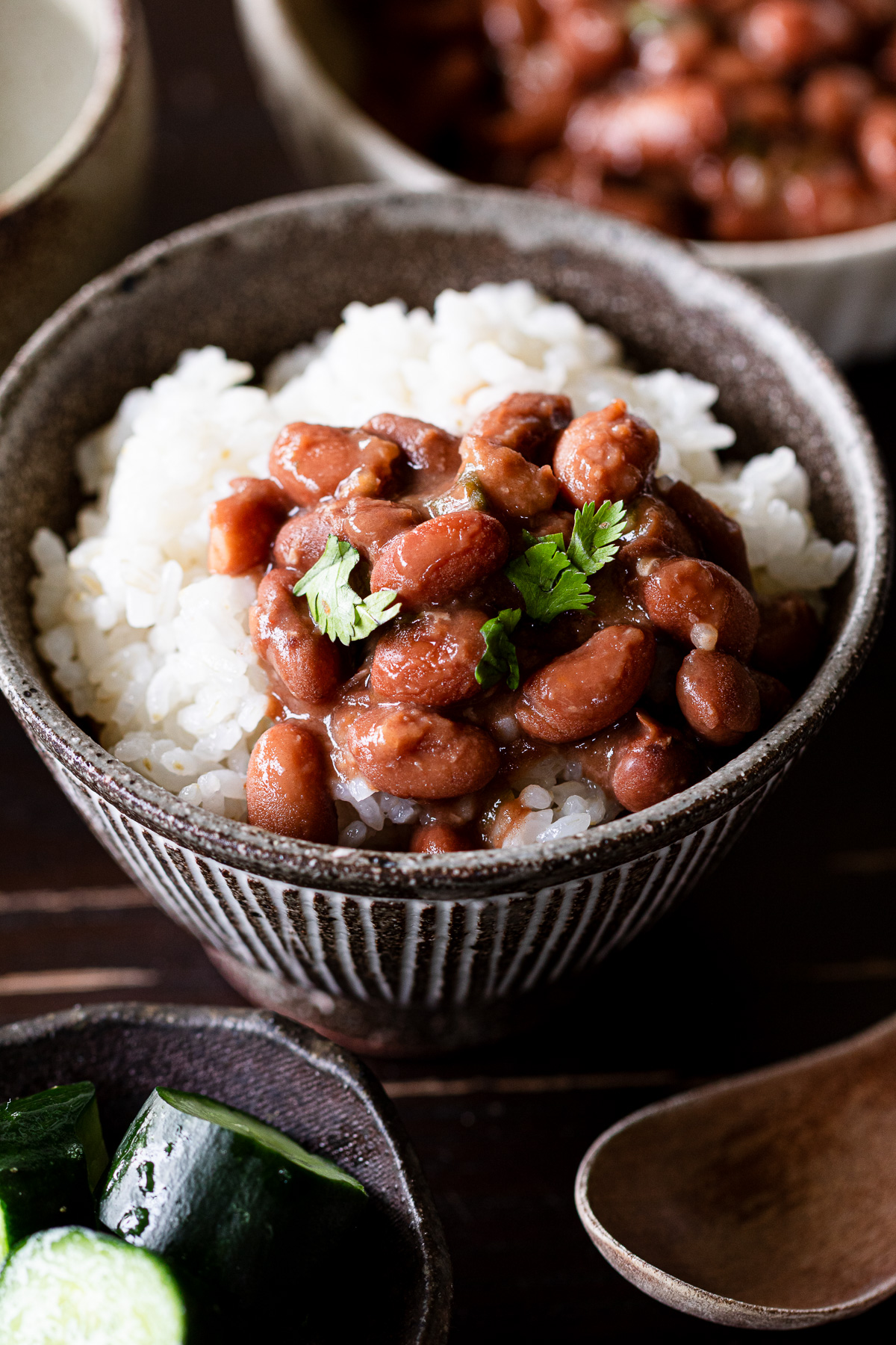 ご飯の上に乗せた甘くないうずら豆の煮豆、うずら豆とトマトの塩麹煮